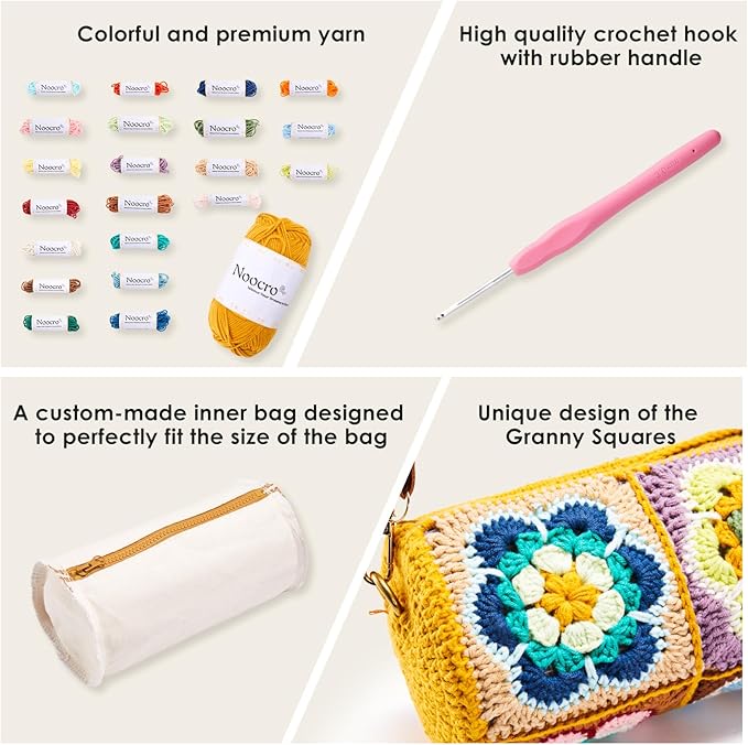 Noocro Crochet Kit for Cylindrical Bucket Bag, Purse, Complete DIY Kit with Detailed Instructions, Video Tutorials, for Beginners with Basic Crochet Knowledge or Intermediate and Advanced Crocheters