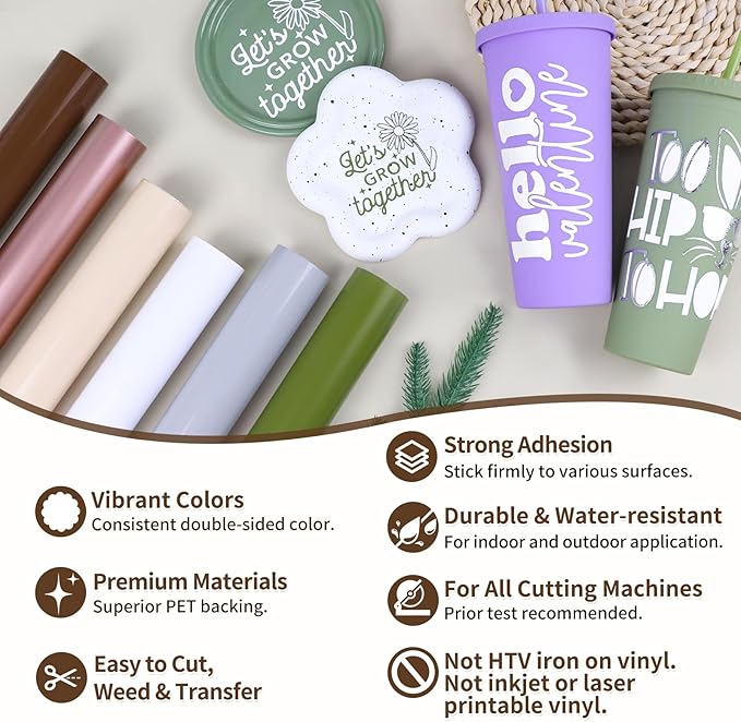 TECKWRAP Permanent Vinyl, 12" x 5ft Permanent Adhesive Vinyl Rolls, 6 Rolls for Cricut, Silhouette, Cameo Cutters, Signs, Scrap-Booking, Craft for Mug, Window, Home Decal, Dark Color