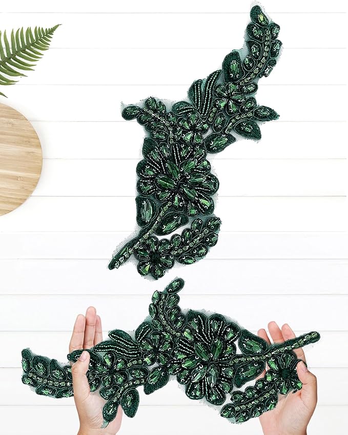 1 Pair Handmade Flower Rhinestone Applique for Clothes, Crystal Fabric Patches for Wedding Dress, Bling Beaded Embroidery Lace Applique for Hat Hairband Sewing Embellishment (Dark Green)