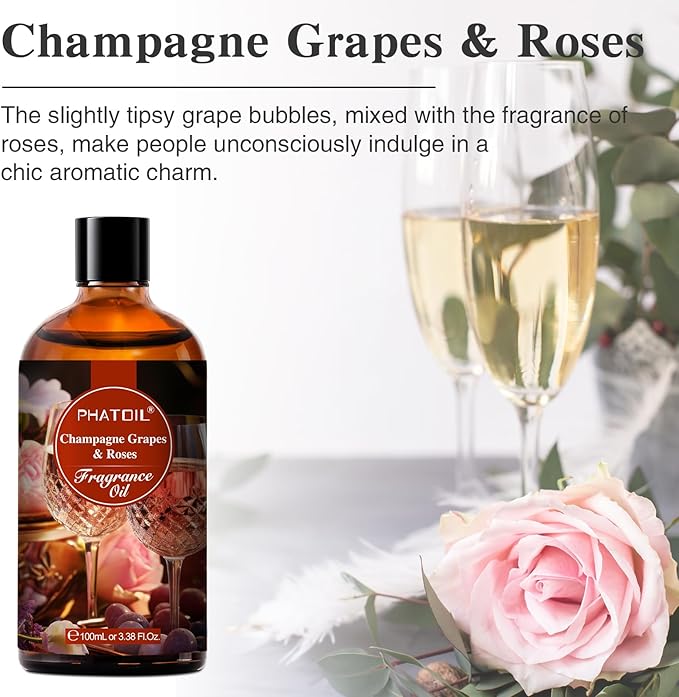 PHATOIL Champagne Grapes & Roses Fragrance Oils for Aromatherapy, 3.38FL.OZ Diffuser Oils for Home, Perfect for Aromatherapy, Humidifiers, Yoga, DIY Candle and Soap Making - 100ml