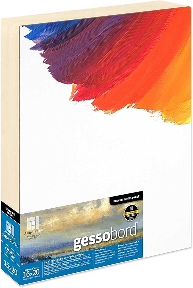 Ampersand Art Supply Gesso Wood Painting Panel: Museum Series Gessobord, 16" x 20", 2" Cradled Profile