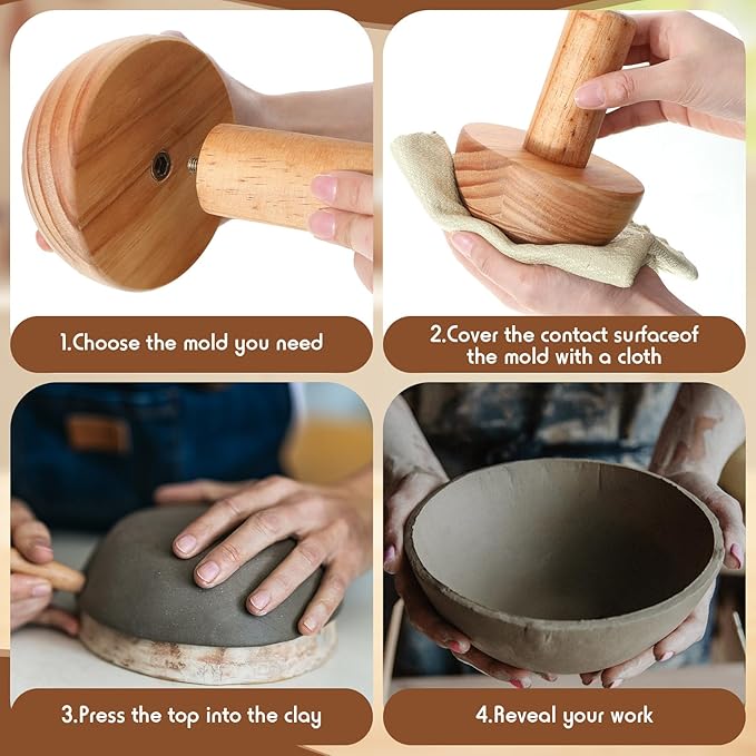 DoubleFill 4 Pack Pottery Molds Plaster Molds Wood Pottery Tools with Handle for Ceramic Top Forms DIY Bowls Plate Dish Slump Press Art Making(Hemispherical,4.5'' 5.5'' 6.5'' 7.5'' Thickness 3'')