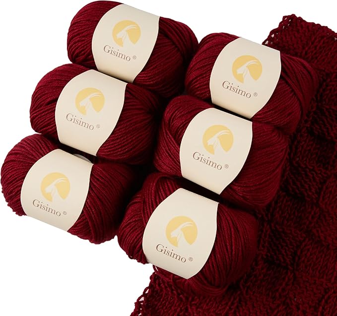 Merino Wool Yarn, 12-Ply Luxurious and Soft Yarn for Hand Knitting & Crocheting, 1.76 OZ/50g, 120 yds/110 Meters(Deep Red,6Balls)