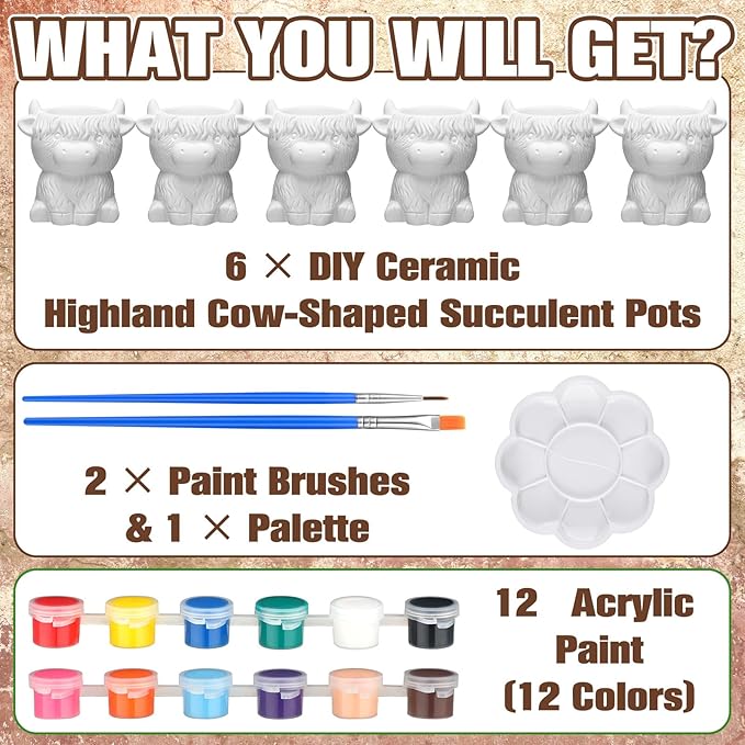 Beeveer 6 Pcs Ready to Paint Your Own Highland Cow Succulent Ceramic Pots Unpainted Ceramics Cartoon Cow Shaped Flower Pots DIY Kit Planter Container with Drainage Hole for Home and Office Decoration