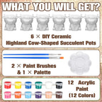 Beeveer 6 Pcs Ready to Paint Your Own Highland Cow Succulent Ceramic Pots Unpainted Ceramics Cartoon Cow Shaped Flower Pots DIY Kit Planter Container with Drainage Hole for Home and Office Decoration