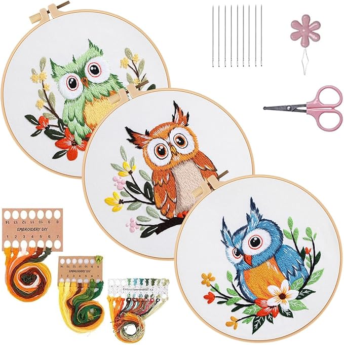 Konrisa Owl Embroidery Kit for Beginners Adult, Embroidery Starter Kit with Cloth Hoops Threads DIY Sewing for Craft Lover Hand Stitch Needlepoint Kits