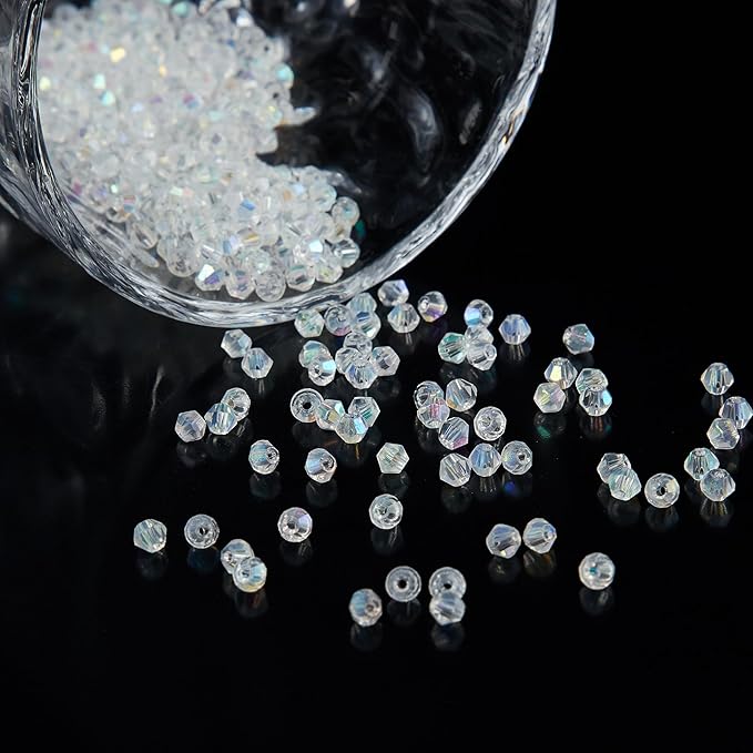 1200PCS 3mm Bicone Crystal Glass Beads for Jewelry Making, Sparkling Mini Beads for Suncatchers, DIY Bracelets & Craft Projects (AB White)
