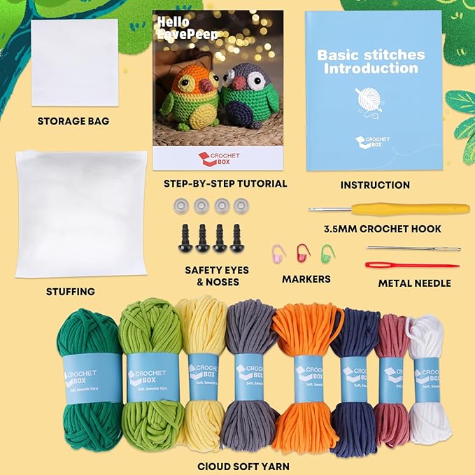 CrochetBox Crochet Kit for Beginners - Love Birds Starters Crochet Kit, Beginners Crocheting Kitting for Adults Teen, Gifts with Crochets Yarns, Hook, Step-by-Step Video, Instruction