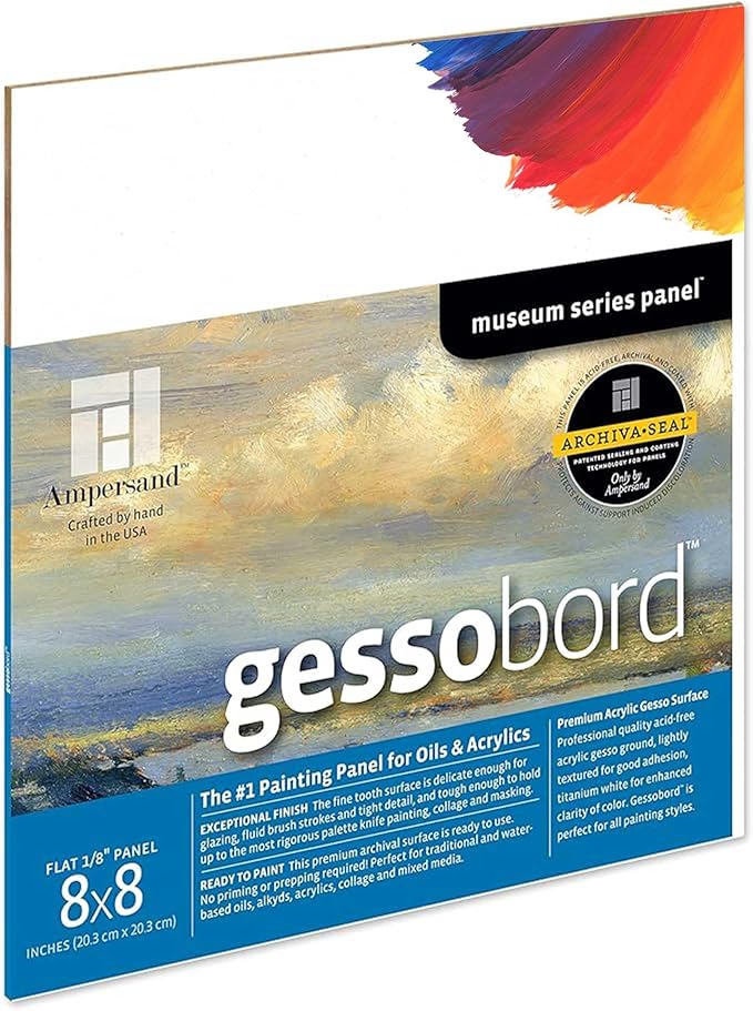 Ampersand Art Supply Gesso Wood Painting Panel: Museum Series Gessobord, 8" x 8", 1/8" Flat Profile