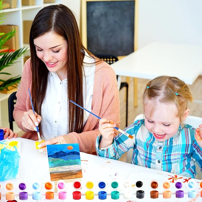 24Pack Mini Canvas Boards and Easel Paint Set,24Pcs Canvas and Easel,12 Colors Acrylic Paint Strips,48 Brushes,24 Palettes,Washable Acrylic Paint Set for Painting Crafts Party Favors (4" X 4")