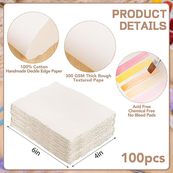 100 Sheets Watercolor Paper 4 x 6inch, 300 GSM Deckled Edge Paper Rough/Textured Handmade Paper for Watercolors, Wedding Invitations, Cards, Crafts