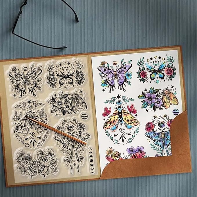 CHGCRAFT Moth Flowers Clear Stamps Moon Phase Silicone Stamps Craft Stamps for Journaling Card Making DIY Scrapbooking Handmade Photo Album Notebook