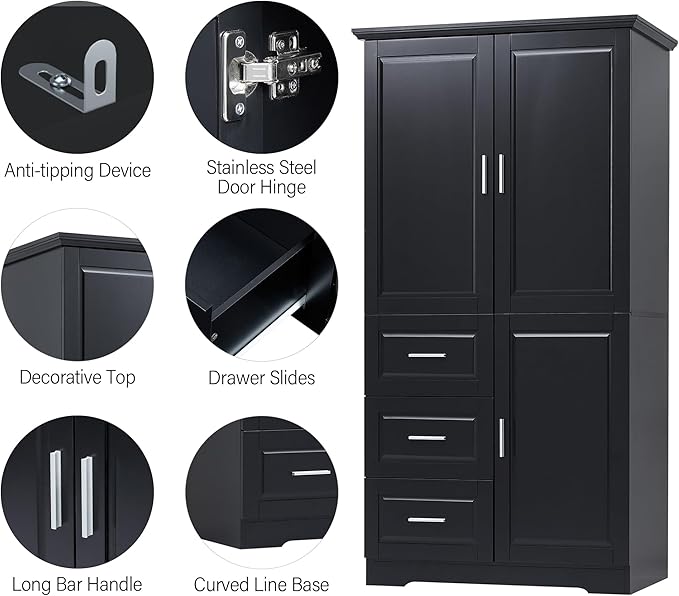 Large Storage Cabinet with 3 Doors and 3 Drawers, Freestanding Cabinet with Adjustable Shelves, Large Modern Versatile Cupboard for Home Office Livingroom (Black)