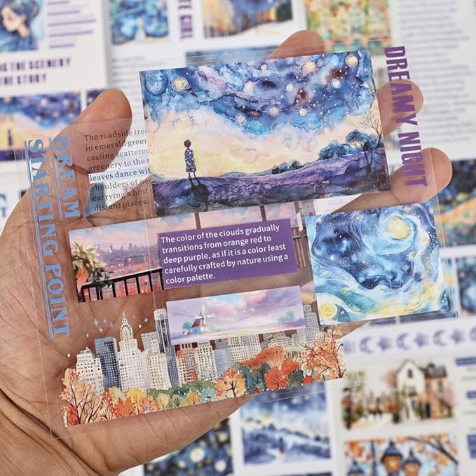 40 Sheets Pre-Cut PET Washi Sticker Books for Journaling, 2Pack Watercolor City and Night Sky Themes, Scrap Book Stickers for Scrapbooking, Junk Journal Supplies, Aesthetic Collage