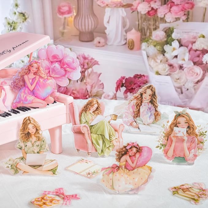 TIAMECH Pink Dream Girl PET Stickers - 100 Pcs Reading Time Lace Girl Maidens Sweetheart Design, Waterproof Sticker for Journaling & Scrapbooking, Junk Journal Supplies, Ephemera & DIY Crafts