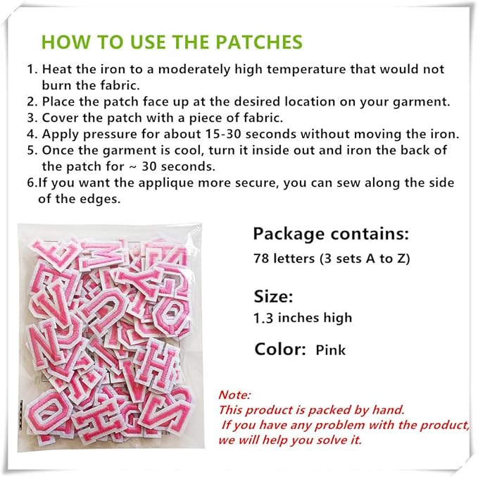 1.3 inch Iron on Letter Patches 78 Pieces, A-Z Embroidered Alphabet Patches for Clothing Jackets Hats Backpacks Jeans Pink