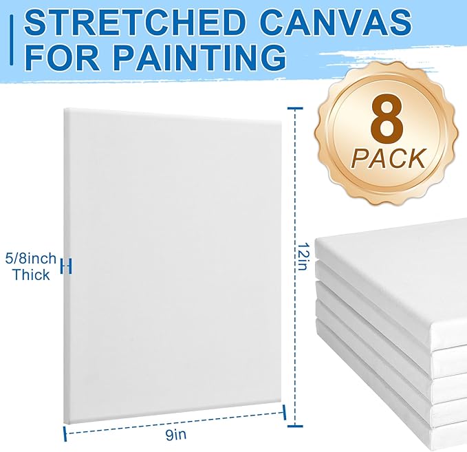 ESRICH Stretched Canvas for Painting, 8 Pack 9x12 Inch Canvas Value Pack,Primed Acid-Free Cotton Blank Canvases, Painting Canvas for Oil & Acrylic Paint.