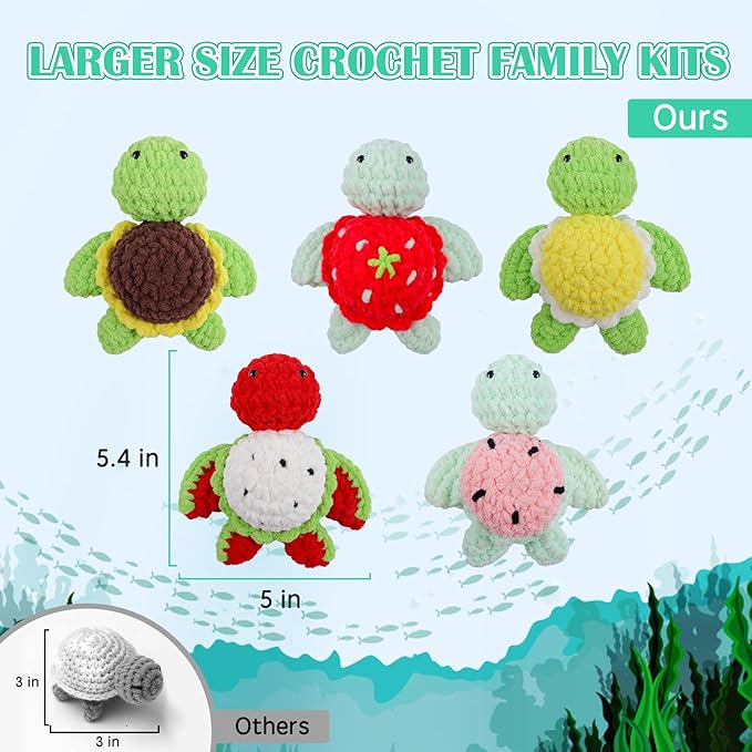 5PCS Crochet Kit for Beginners, Knitting Kit with Step-by-Step Video Tutorials, Beginner Crochet Kit for Adults with Easy Peasy Yarn, Crochet Animal Kit for Beginners Kids,5 Fruite Turtles (40%+ Yarn)