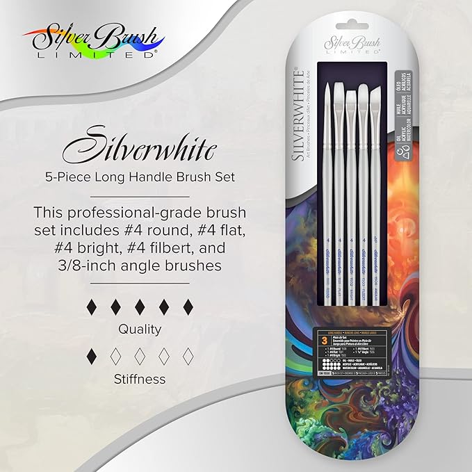 Silver Brush Limited SW-1550 Silverwhite Plein Air Set, Paintbrushes for Watercolor, Gouache, Inks, Dyes, Fluid, & Flow Acrylic, Set of 5, Round, Flat, Bright, Filbert, and Angle Brushes, Long Handle
