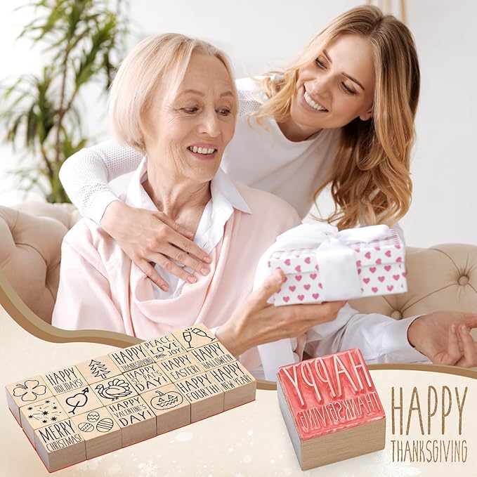 18 Pcs All Holiday Wood Stamps Set Wooden Rubber Holiday Stamps for Card Making Decoration and Scrapbooking Supplies