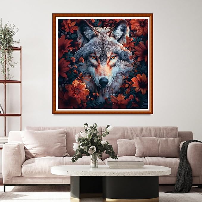 Funart Stamped Cross Stitch Kits for Beginners Full Range of Cross Stitching Preprinted Embroidery Kits for Adults, 11CT Embroidery Pattern Needlepoint Kits-Flower Wolf 18x18 inch