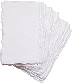 Wanderings White Thick Handmade Deckled Edge Cotton Paper - Cold Pressed Texture - Paint, Watercolor, Drawing, Writing, Cards, Invitations, Menus, Arts and Crafts. 25 Pack White 300gsm - 4" x 6"