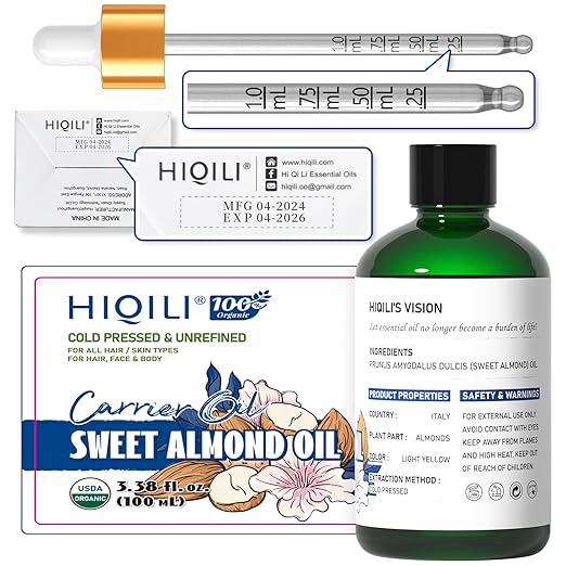 HIQILI Sweet Almond Oil, Skin, Hair Care, 100% Pure Organic Carrier Oil, Hexane Free, Unscented - 3.38 Fl Oz