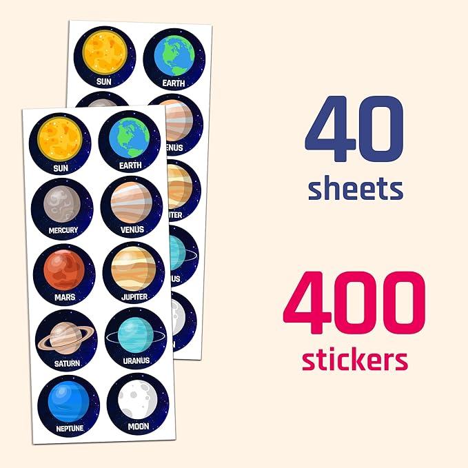 40 Sheets - Space Planet Stickers for Kids - 400 Stickers, 1.5"