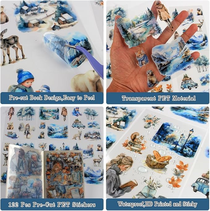 Winter Pre-Cut Journal Sticker Book for Junk Journaling, Transparent PET White Snow Landscape Stickers for Scrapbook Supplies, Scrapbooking, Collage, Planners, Bujo, 20 Sheets