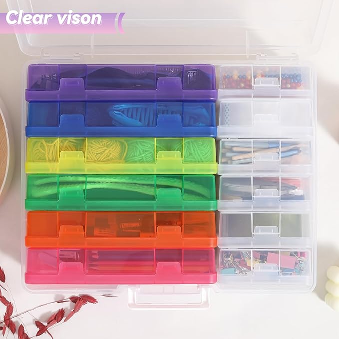 Plastic Storage Boxes & Organizers - Modern Arts & Crafts Storage with Lids - 6 Medium Color + 6 Small Clear - Stackable - 18 Items (12 Count) - 15.3"L x 12.5"W x 5.1"H