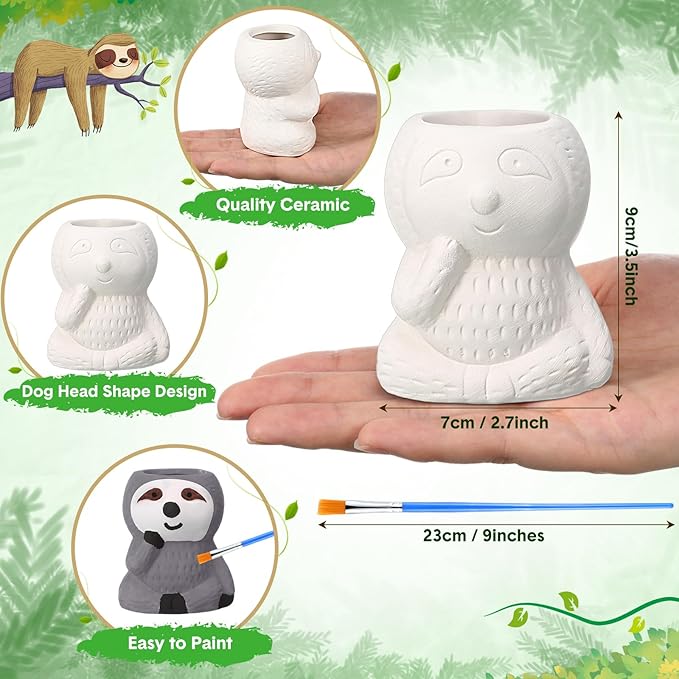 Pasimy 6 Set DIY Ceramic Succulent Planter Pots Paint Your Own Flower Pots Craft Kit Unpainted Bisque Paintable Flowerpot with Brush Palette Ready to Paint for Family Activity Gift(Sloth)