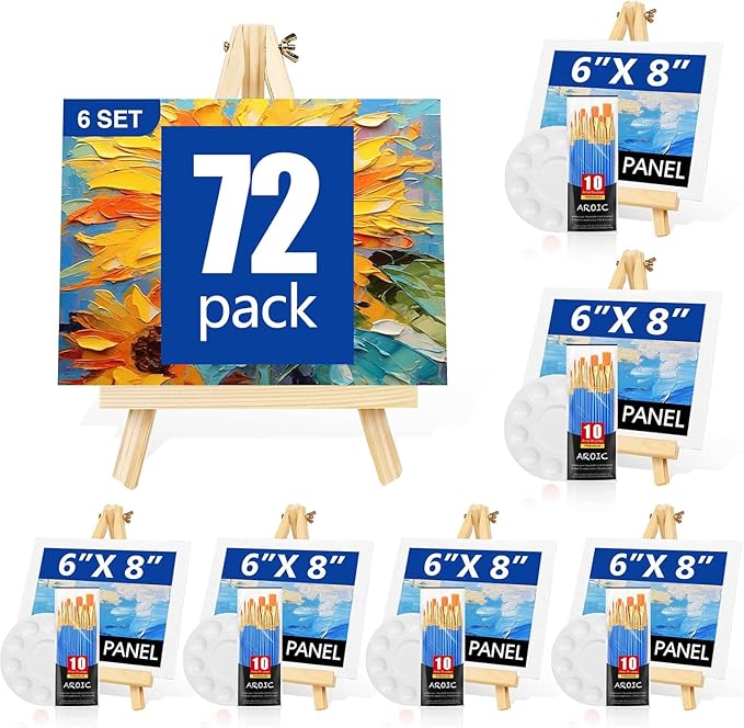 AROIC Canvas and Easel Set,Art Painting Set with 78 Pack (6 PCS 9" Wood Easels, 60 Brushes, 6 Canvas Boards and 6 Palette) Painting Supplies kit for Kids & Adults to Painting Party