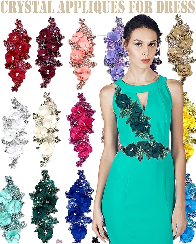 1pc Handmade Rhinestone Applique for Clothes, 3D Flower Fabric Patches for Wedding Dress, Bling Beaded Embroidery Lace Applique for Hat Hairband Sewing Embellishment (Deep Blue)