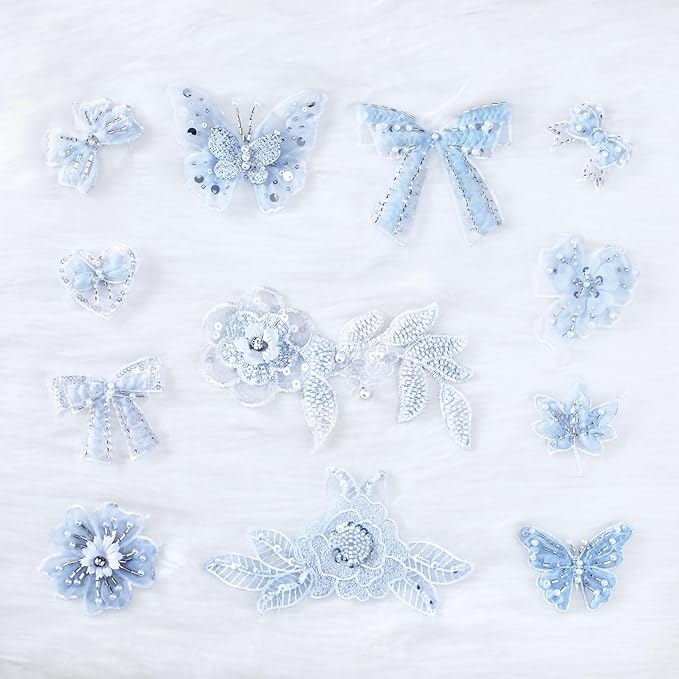 12 Pieces 3D Flower Lace Embroidery Butterflies Appliques Pearl Patches for Repairing and Decorating, Sewing Craft Clothing Jeans Jackets Bags (Light Blue)