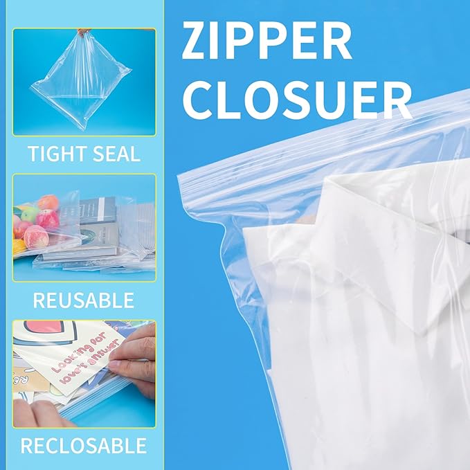 10" X 13" (120 Count) Clear Large Zip Bags, Poly Plastic Bags with Resealable Zip Seal Zipper for Clothing, T-Shirt, Prints, Photos, Documents