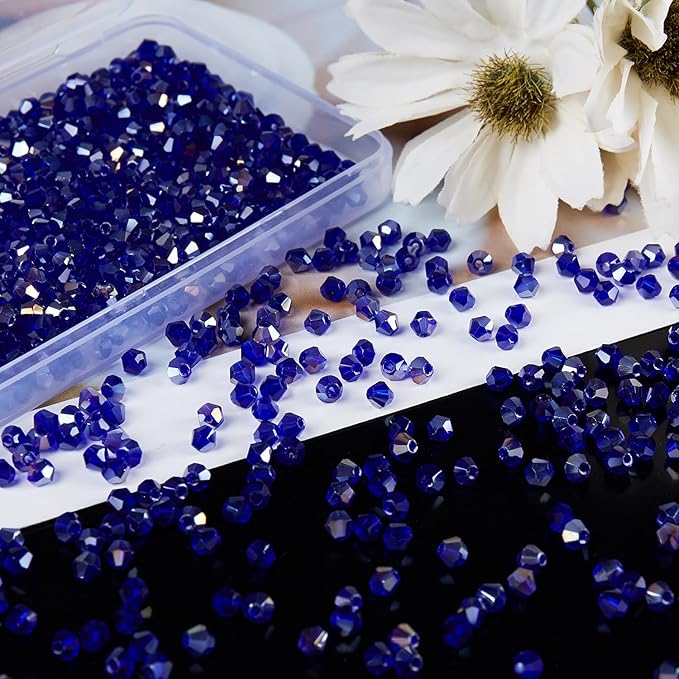 1100PCS 4mm Bicone Crystal Glass Beads for Jewelry Making, Sparkling Mini Beads for Suncatchers, DIY Bracelets & Craft Projects (AB Blue)