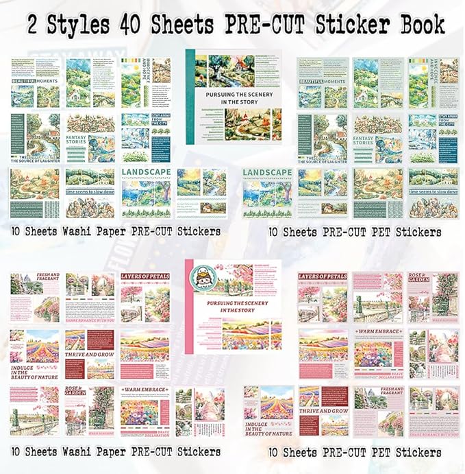 40 Sheets Pre-Cut PET Washi Sticker Books for Scrapbooking, Garden and Country Road Theme Decorative Background Scrap Book Stickers for Journaling, Junk Journal Supplies, Collage