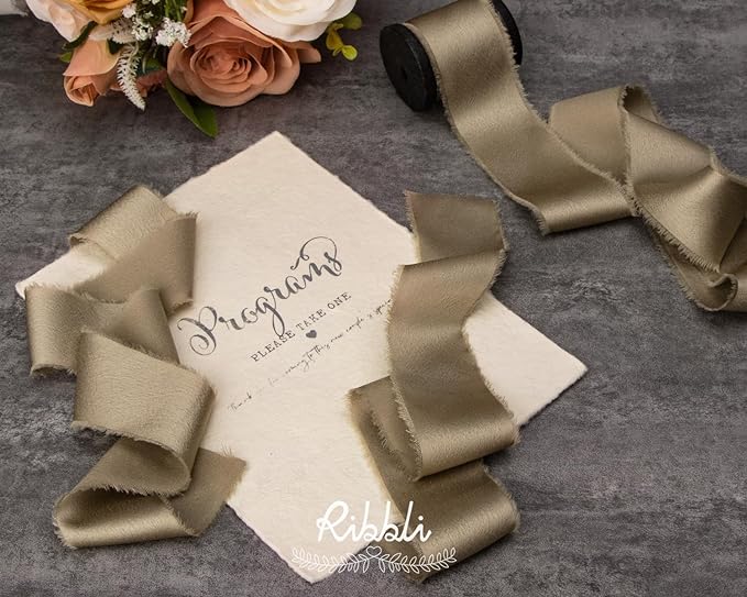 Ribbli Champagne Gold Silk Satin Ribbon 1.5 Inch x 30 Yard Handmade Frayed Chiffon Champagne Ribbon for Gift Wrapping Wedding Invitations Bridal Bouquets Home Decor