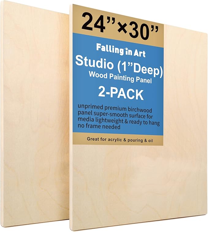 Falling in Art Unfinished Birch Wood Panels Kit for Painting, Wooden Canvas 2 Pack of 24”x30” Studio 1” Deep, Cradle Boards for Pouring, Art, Crafts, Burning and More
