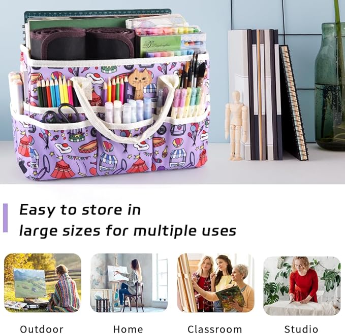 E-WEICHEN Craft Organizer Tote Bag Art Storage Caddy with Multiple Pockets Containers for Art,Craft,and Office Supplies Storage.Purple Circus