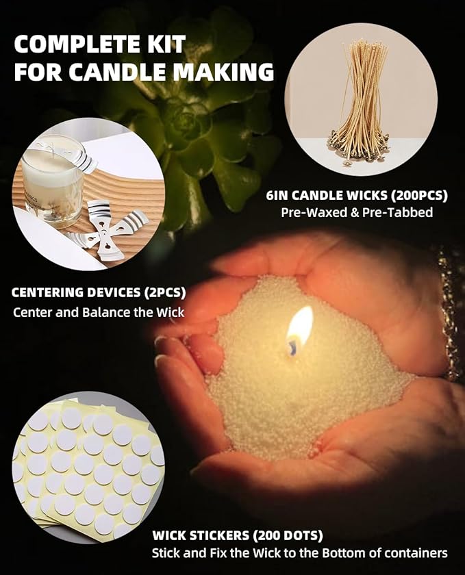 NICEME Customized Powder Candle Making Kit, 11Lb/ 5kg Refillable Beaded Wax Sand All Natural Reusable DIY Pearled Candle Self Extinguish w/ 200 Wicks & 200 Stickers & 2 Centering Devices