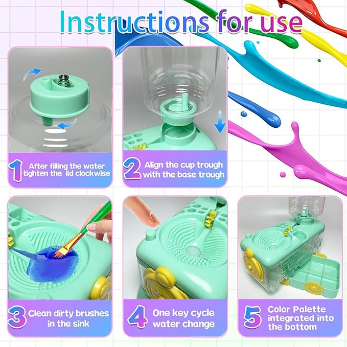 Paint Brush Cleaner with Paint Tray, Water Circulation Brush Rinser with Brush Holder, Watercolor/Oil and Water-Based Paint Brush Cleaner Tool, 400ml Capacity, Train Design, Gift for Artist Beginners