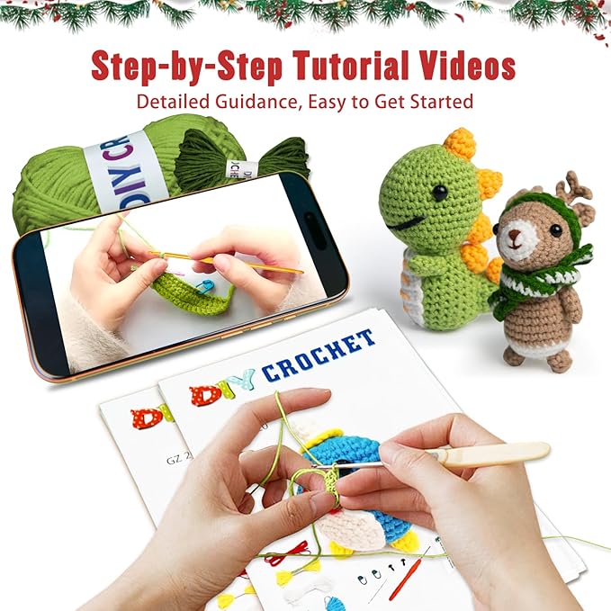 YOKISS 8Pcs Beginner Crochet Starter Kit, Creative Christmas Gifts & Birthday Gifts for Adults & Kids, Popular DIY Patterns, 40% Extra Yarn Crochet Animals Kits with Step-by-Step Video Tutorials