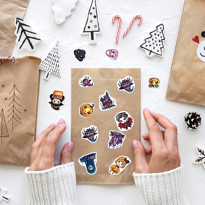Halloween Style Cartoon Stickers Pack Cute Ghost Witch Pumpkin Cat Designs Vinyl Waterproof Non Repeating Holiday Party Decor for Kids Teens Lovers 108Pcs Hat Skateboard