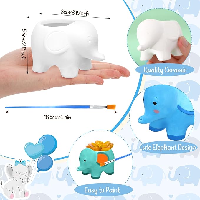 Pasimy 6 Set DIY Ceramic Succulent Planter Pots Paint Your Own Flower Pots Craft Kit Unpainted Bisque Paintable Flowerpot with Brush Palette Ready to Paint for Family Activity Gift(Elephant)