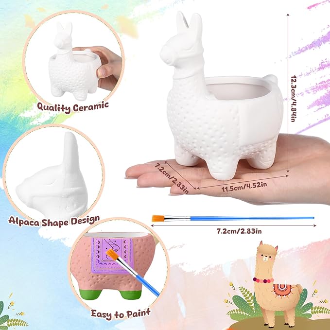 Pasimy 6 Set DIY Ceramic Succulent Planter Pots Paint Your Own Flower Pots Craft Kit Unpainted Bisque Paintable Flowerpot with Brush Palette Ready to Paint for Family Activity Gift(Alpaca)