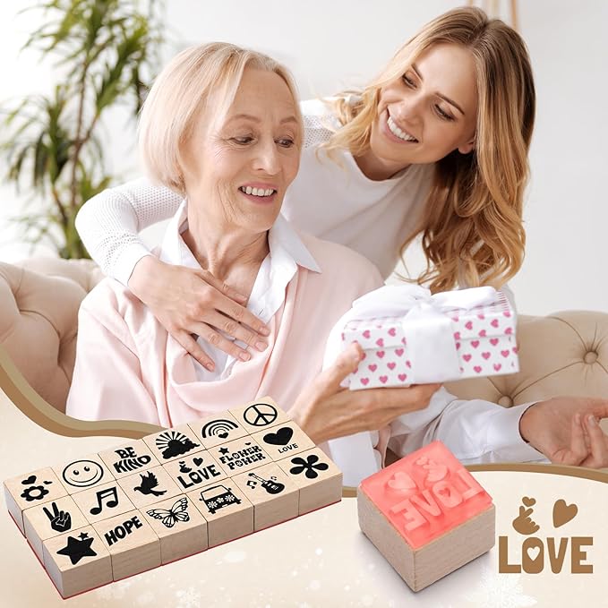 18 Pcs Peace and Love Wood Stamps Set Wooden Rubber Holiday Stamps for Card Making Decoration and Scrapbooking Supplies