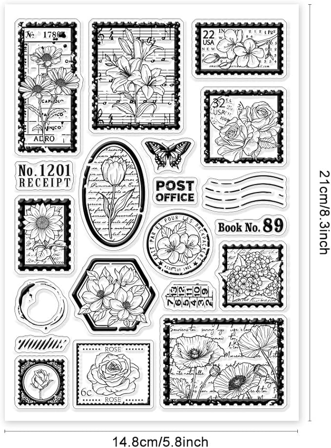 GLOBLELAND Vintage Flower Stamp Clear Stamps for DIY Scrapbooking Butterfly Postmark Silicone Stamp Seals Transparent Stamps for Cards Making Photo Album Journal Home Decoration 8.27×5.83inch