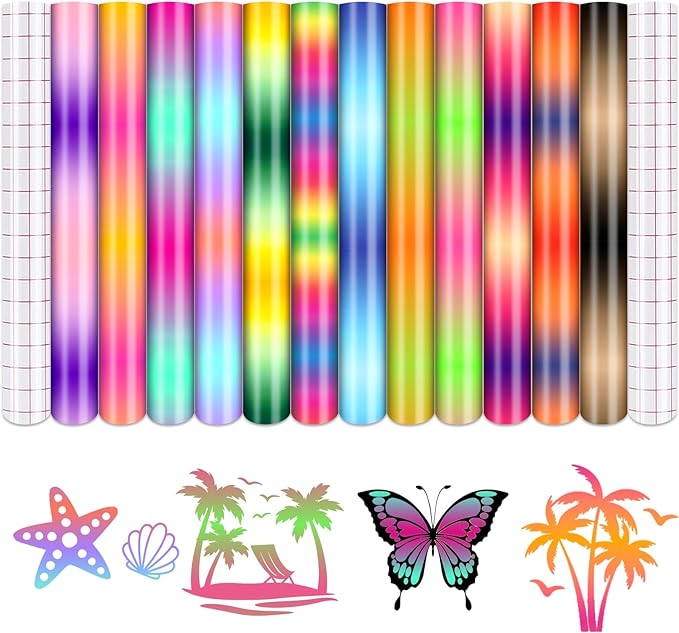 Tintnut Gradient Permanent Vinyl, Ombre Rainbow Pattern Adhesive Vinyl - 12 Sheets 12"x10", Sunset Permanent Adhesive Sheets for Cutting Machine,Home Decor Self Sticker