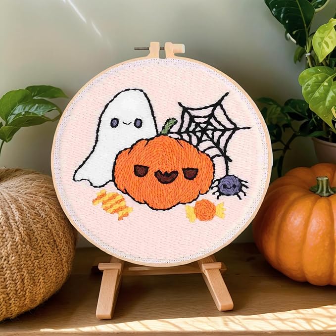 DCCQ Punch Needle Kits Adults Beginner，Cute Cartoon Pumpkin Pattern with Hoop Embroidery Punch Needle Starter Craft Set Easy for Adults，Children and Halloween Gifts、Decoration